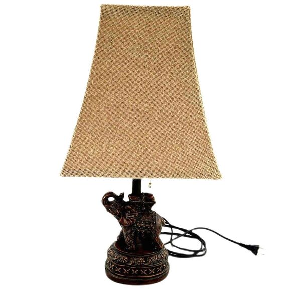 Elephant Lamp Brown Color Resin tan burlap lamp shade chain pull on/off switch - Picture 1 of 10